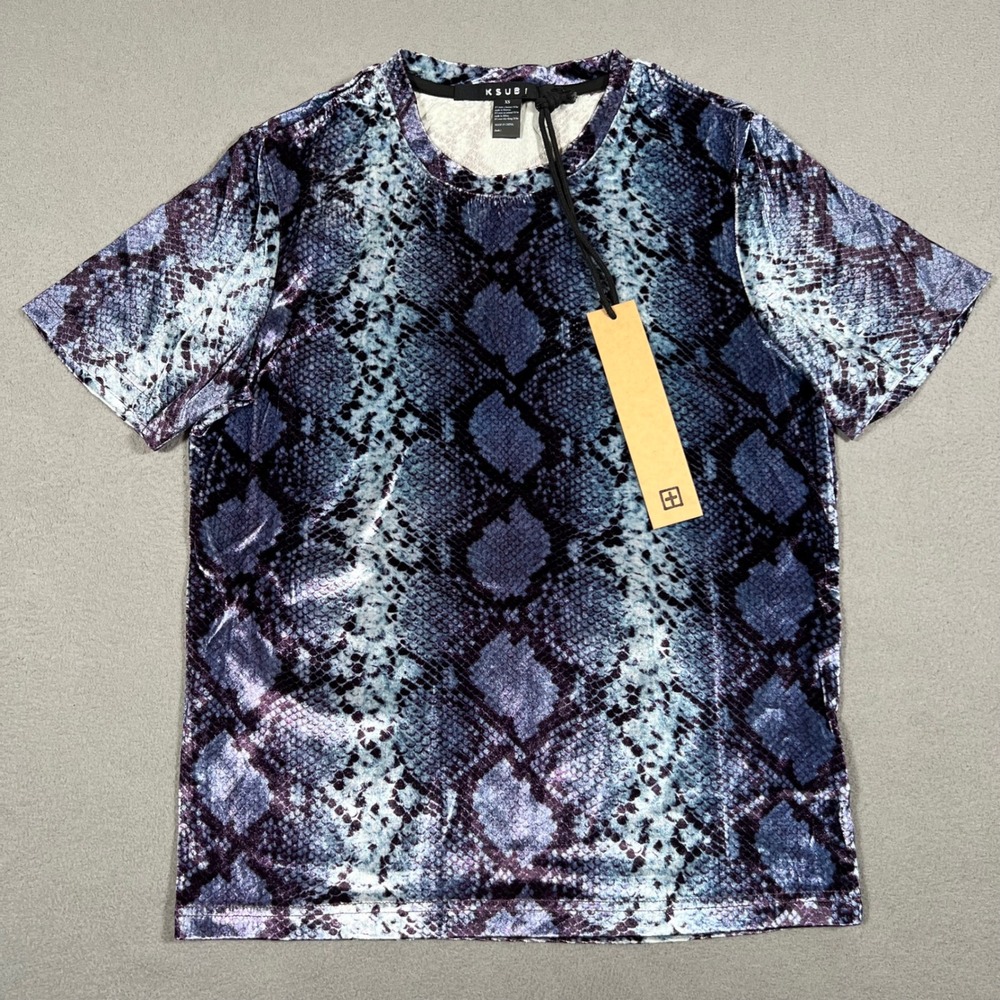 Ksubi Ponty Mython Snake Skin‎ Print Short Sleeve Tee Top Blue XS Silk Rayon